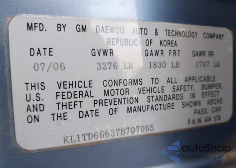 2007 Chevrolet Aveo 5 Special Value from USA, damaged, VIN KL1TD66637B707065